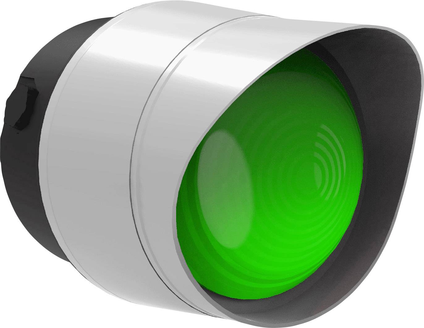 Grünes Licht leuchtet aus einer runden Signalvorrichtung, umgeben von einem silbernen Gehäuse.