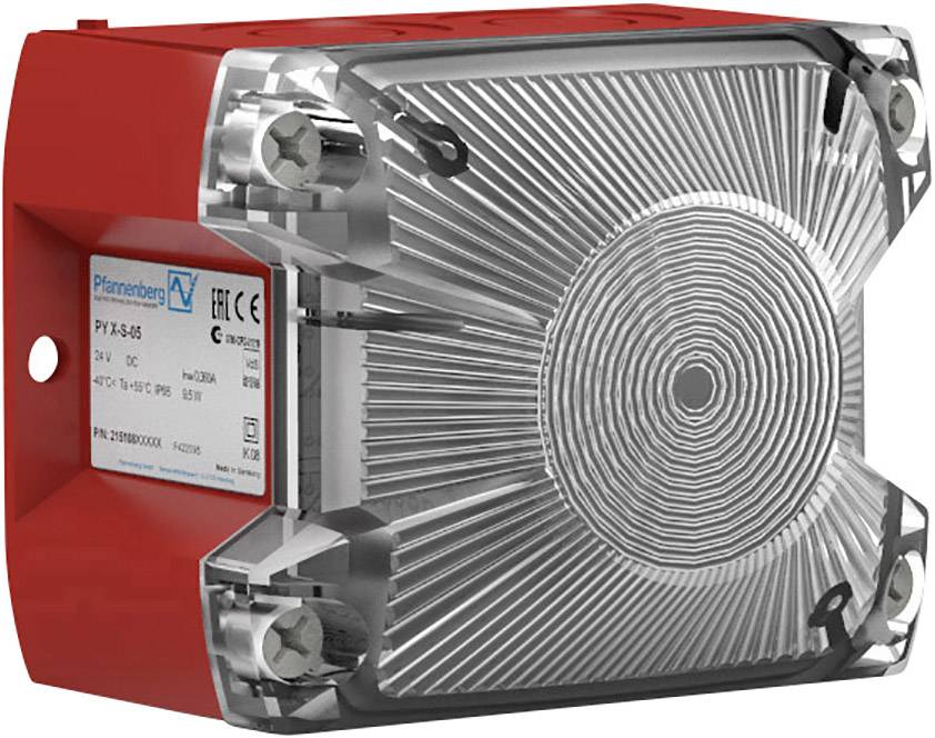 Ein roter optischer Alarm mit klarem Gehäuse und seitlicher Beschriftung. Er ist für den Einsatz in Sicherheitssystemen konzipiert.