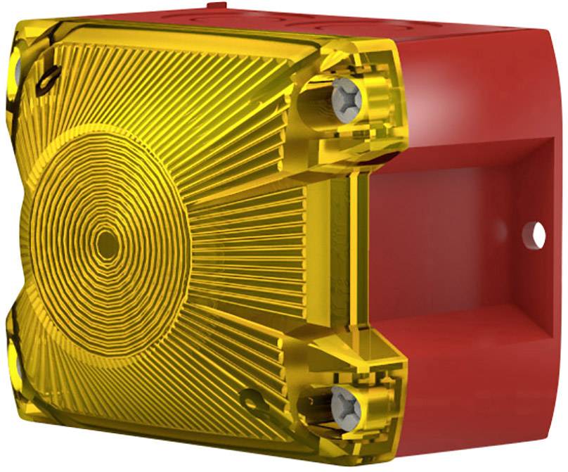 Ein gelbes Lautsprechergehäuse mit geripptem Muster und rotem Hintergrund, befestigt mit Schrauben an den Ecken.