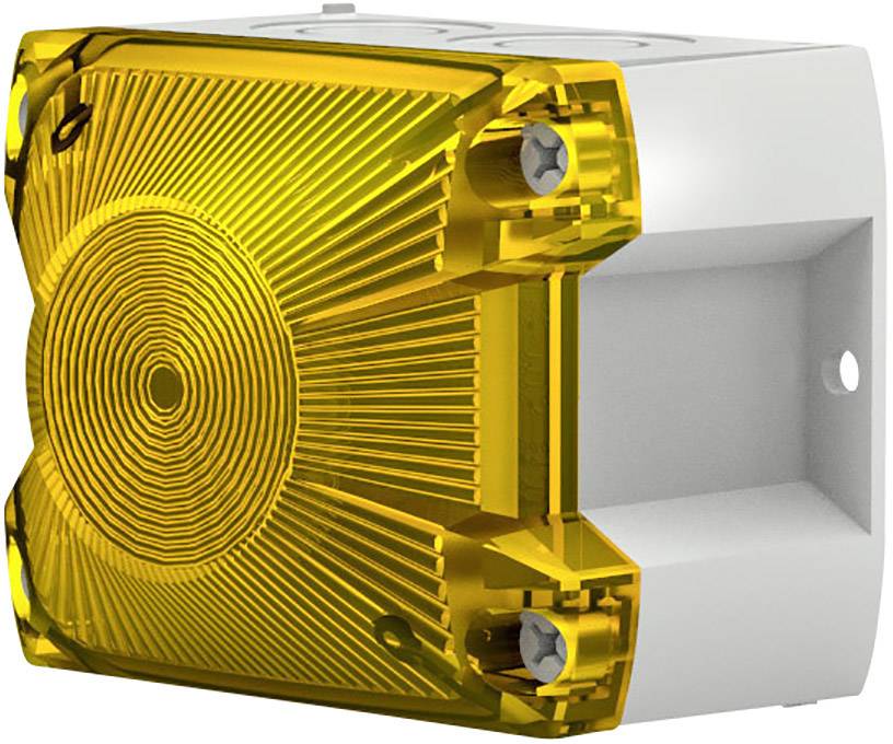 Ein gelber, quadratischer Alarm-Blinker mit geripptem Design auf der Vorderseite. Der Körper ist weiß und rechteckig.