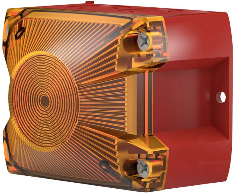 Ein roter akustischer Signalgeber mit einem orangefarbenen Lampengehäuse zur Verwendung in Alarmanlagen, an einer Wand montierbar.