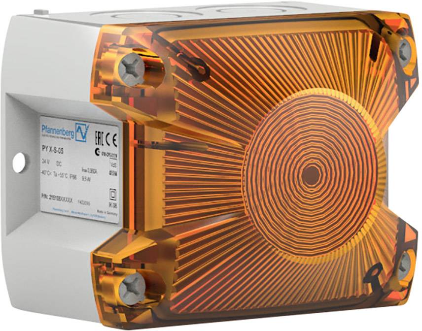 Ein rechteckiger, orangefarbener Leuchtmelder mit Kreismuster und Metallbefestigungen an einer grauen Basis.