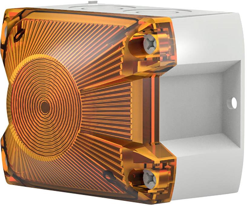 Ein rechteckiger, orange-transparent abgedeckter Wandmelder mit spiralförmigem Muster und Schrauben an den Ecken.