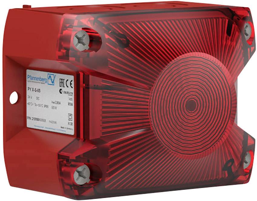 Rotes elektronisches Gerät mit durchsichtiger Abdeckung, zeigt Kreismuster auf der Vorderseite und seitlichen Anschlussmarkierungen.