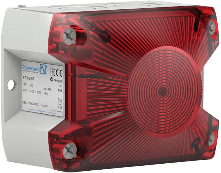 Ein rotes elektronisches Gerät mit quadratischer Form, das als Signal- oder Alarmleuchte dient. Es hat eine strukturierte Oberfläche.