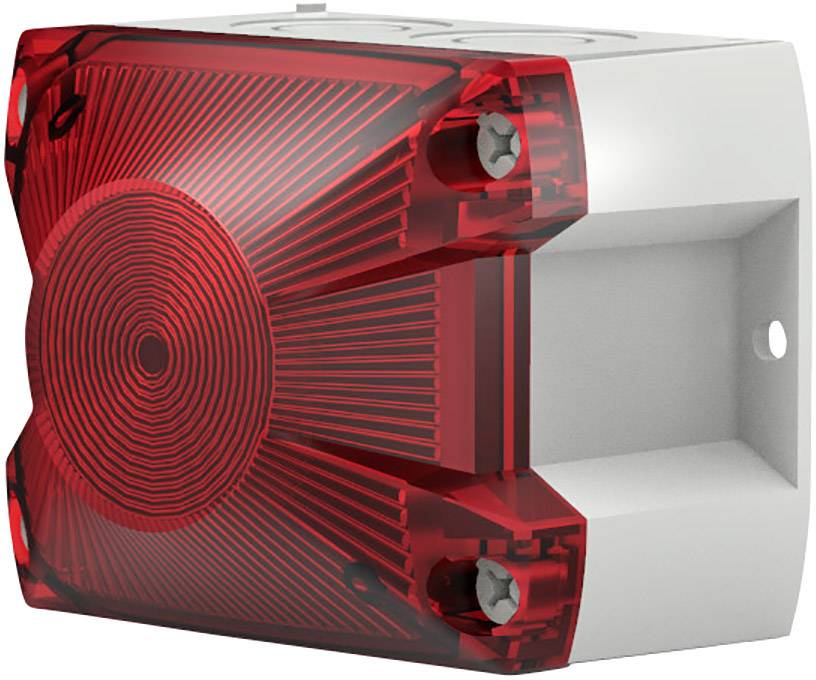 Rotes, quadratisches Alarmsignalgerät mit transparentem Gehäuse, sichtbar sind Schrauben und eine spiralförmige Linse; montierbar.