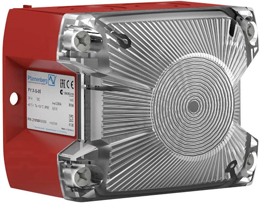 Rotes Wandgerät mit klarem Frontgehäuse, zeigt Label mit technischen Spezifikationen und Logos.