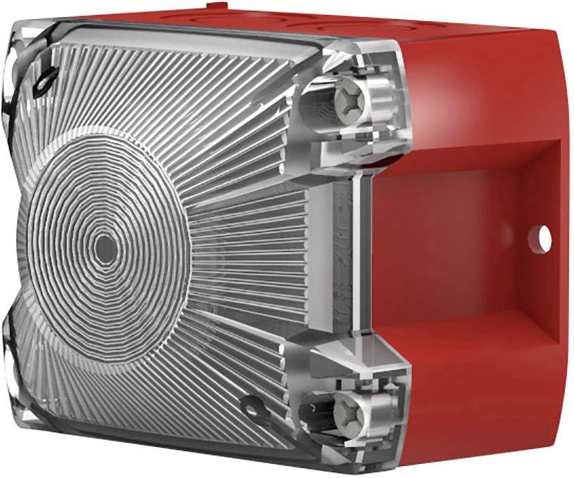 Ein roter akustischer Signalgeber mit transparentem Gehäuse. Wird häufig in Sicherheitssystemen zur Alarmierung eingesetzt.