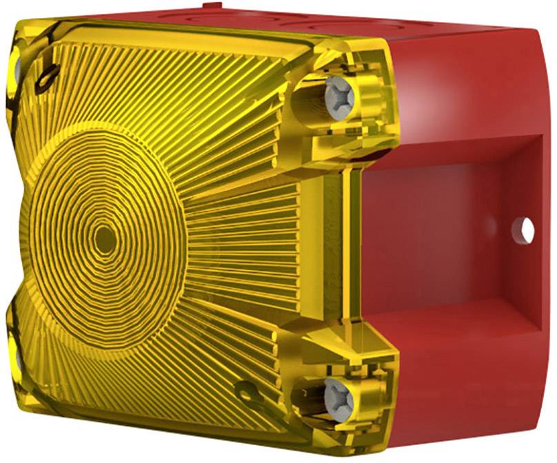 Ein rotes Gehäuse mit gelbem Frontgitter, vermutlich ein elektrisches Bauteil oder Alarmgerät, an der Wand montiert.