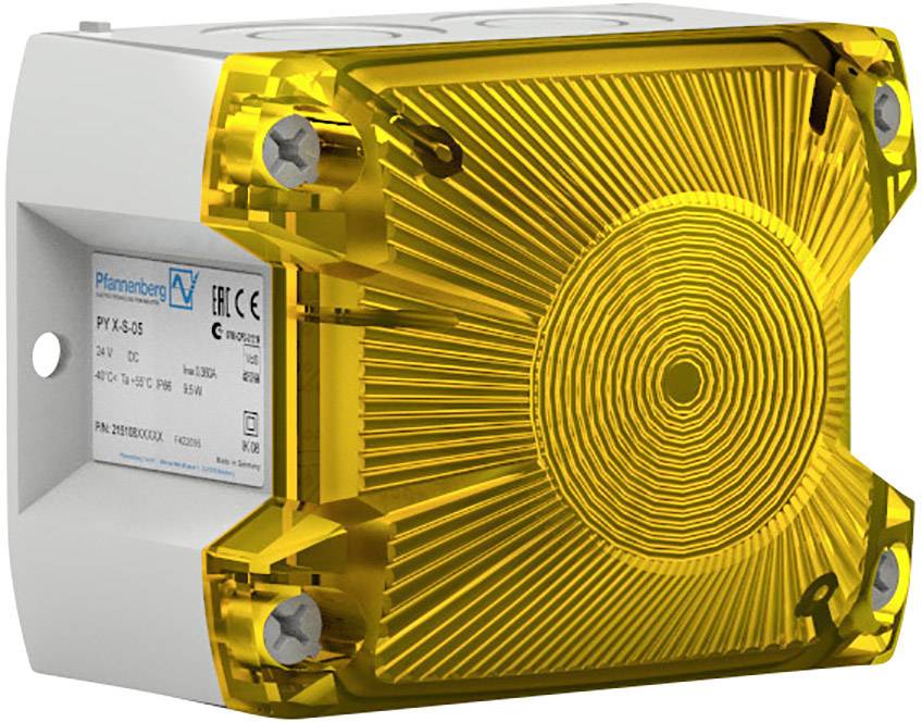 Gelbes, rechteckiges Blitzlichtgehäuse mit Schraubmontage auf grauem Untergrund, Eignung für industrielle Anwendungen erkennbar.