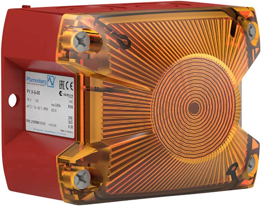 Ein rotes Brandmeldemodul mit einem orangefarbenen akustischen Alarmgeber. Auf der Vorderseite befinden sich technische Etiketten.