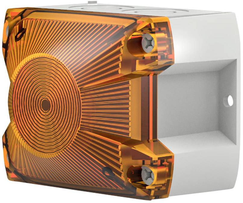 Ein quadratisches Gehäuse mit einer orangen, durchsichtigen Abdeckung und Schrauben. Hinweis auf ein elektronisches Gerät.