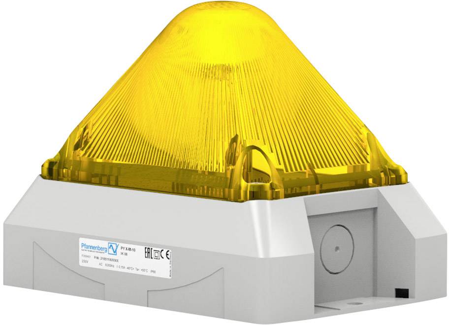 Ein gelbes Warnlicht auf einem weißen Sockel, das auf Sicherheitsgeräte oder Alarmsysteme hinweist. Darunter technische Informationen.