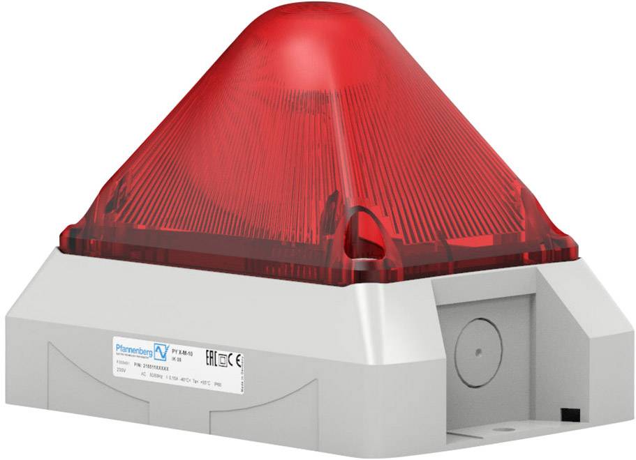 Rotes Alarmlicht mit quadratischem Sockel, Beschriftung 'Pfannenberg PYRA-MA'; dient als visuelles Warnsignal.