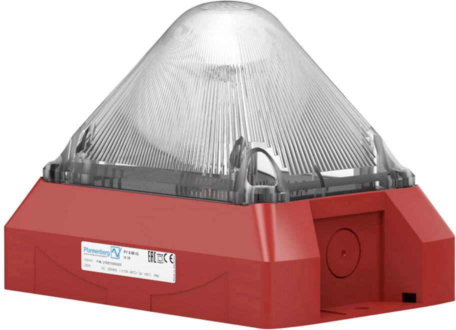 Roter elektrischer Alarm mit transparentem Kuppeldeckel, geeignet zur Montage an der Wand oder Decke, mit Herstellerkennzeichnung.