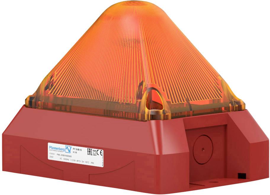 Ein rotes Druckkammer-Signalgerät mit einer orangefarbenen Kuppel, genutzt für optische Warnsignale in Gebäuden.