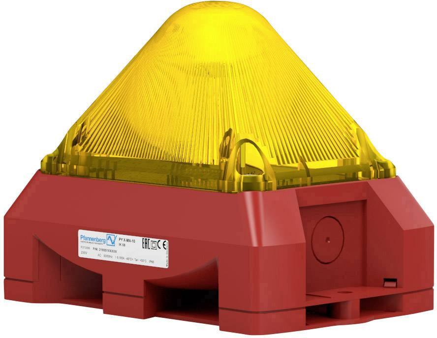 Ein rotes, quadratisches Alarmgerät mit einem gelben, kuppelförmigen Lichtsignal auf der Oberseite zum Warnen bei Notfällen.