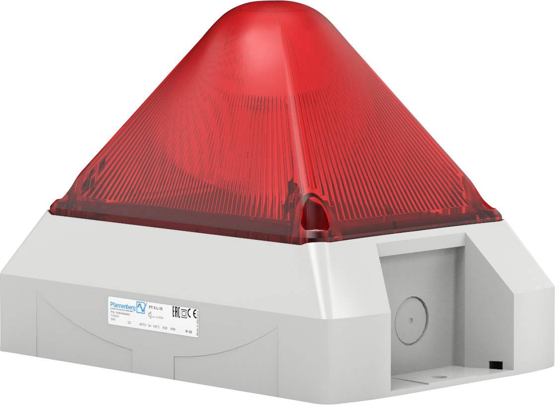 Alarmgerät mit rotem Lichtsignal für akustische und visuelle Warnungen. Rechteckiges, graues Gehäuse.