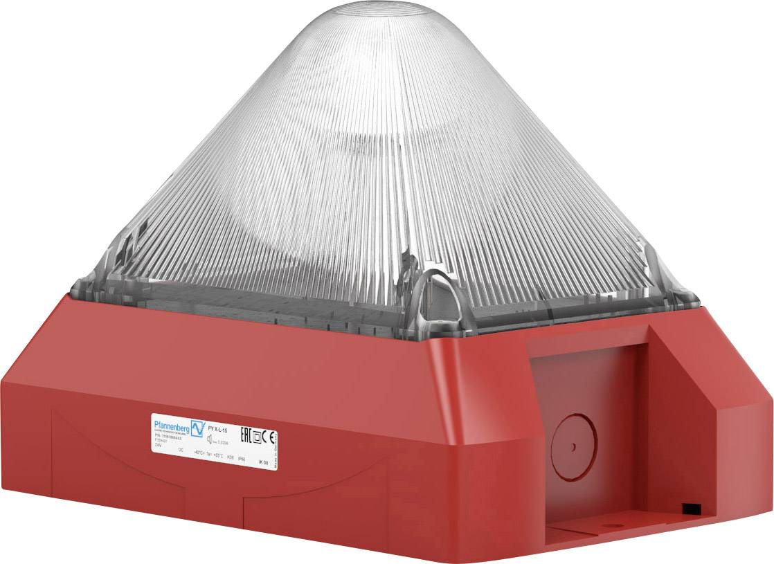 Ein rotes, pyramidenförmiges elektronisches Gerät mit transparentem Deckel, vermutlich ein Alarm- oder Beleuchtungsgerät.