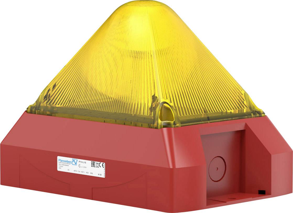 Gelbe Warnleuchte mit rotem Sockel, geeignet für Sicherheitseinrichtungen und Alarmsignalsysteme, ohne sichtbare Kabelanschlüsse.
