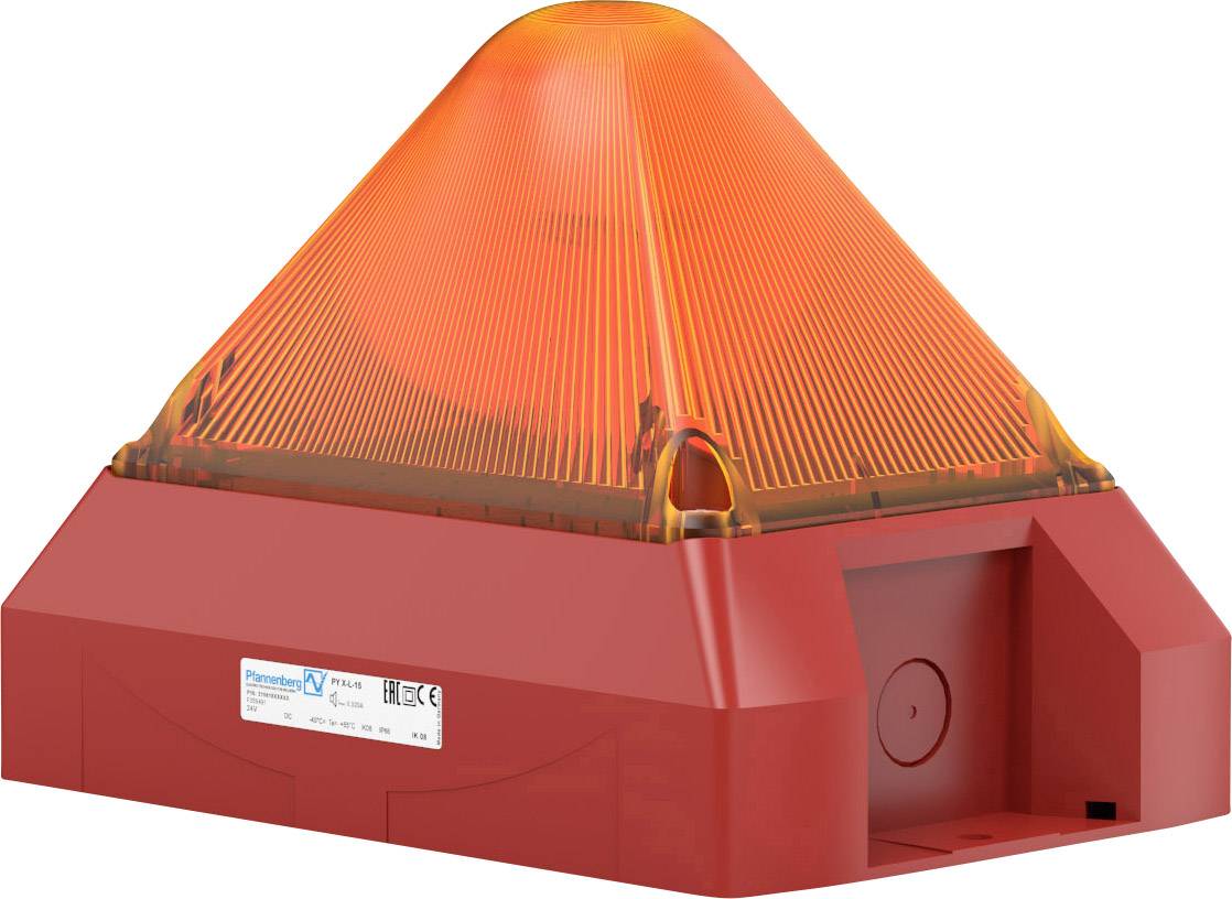 Ein rotes, pyramidenförmiges Alarmsignalgerät mit orangefarbenem Licht, das auf einer Maschine oder einem Gerät installiert wird.