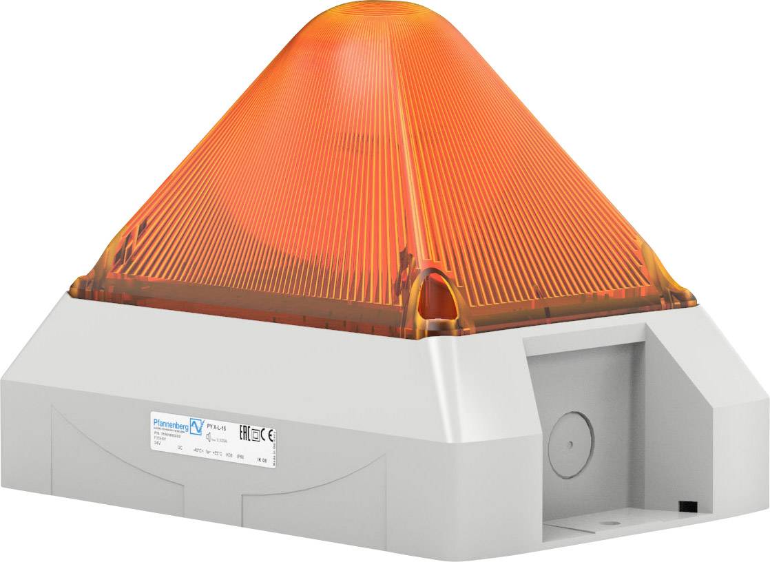 Ein orangefarbenes Stroboskoplicht mit pyramidenförmigem Design. Weiße Basis enthält technische Informationen und Logos vorne.