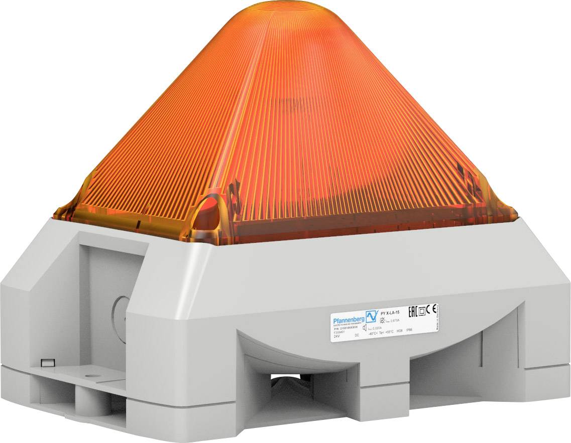 Eine orangefarbene Warnleuchte, pyramidenförmig, mit einem stabilen grauen Sockel, dient der Signalgebung oder Warnung.