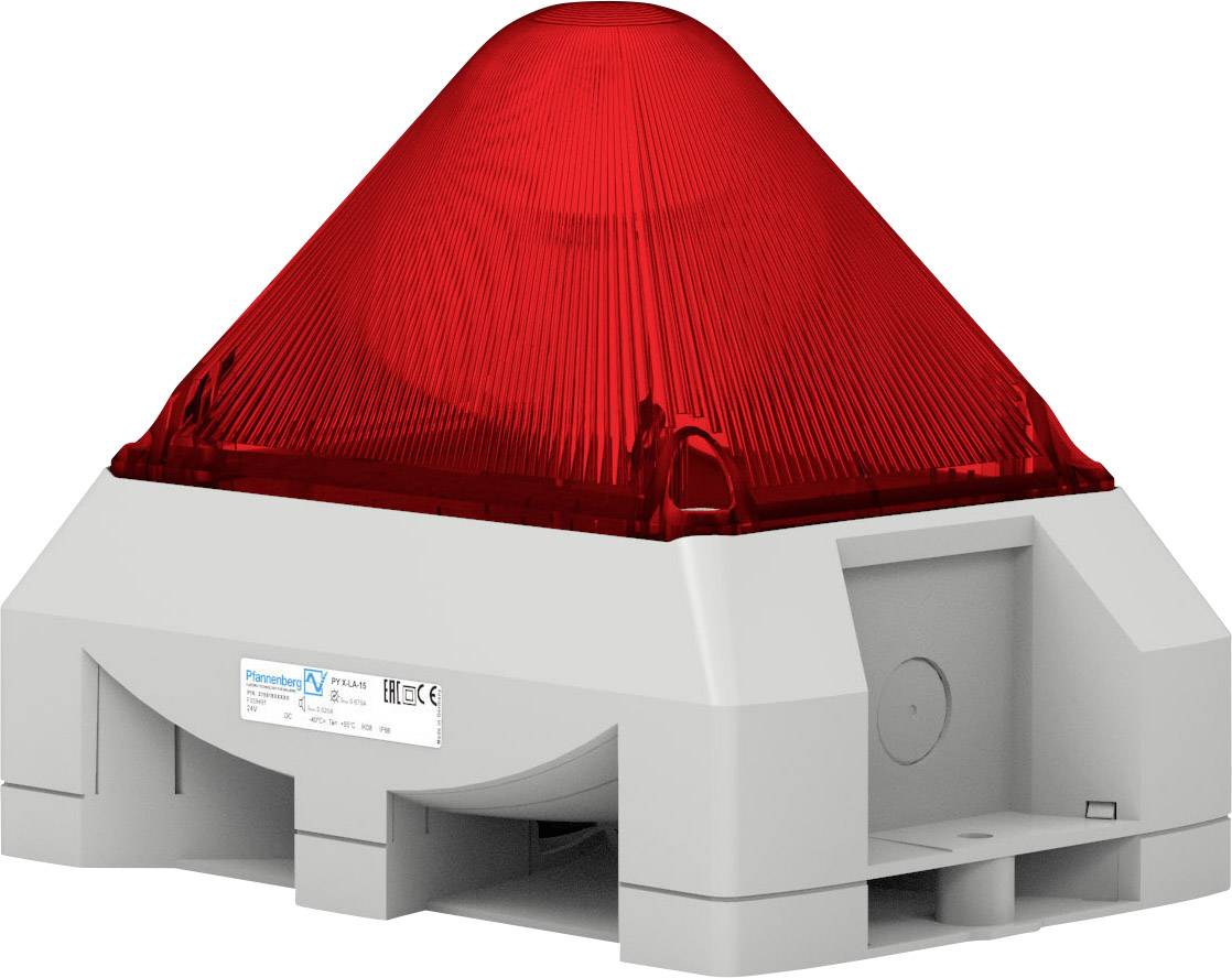 Rotes Warnlicht in pyramidenförmigem Gehäuse auf grauem Sockel, geeignet für Alarmsysteme in Gebäuden.