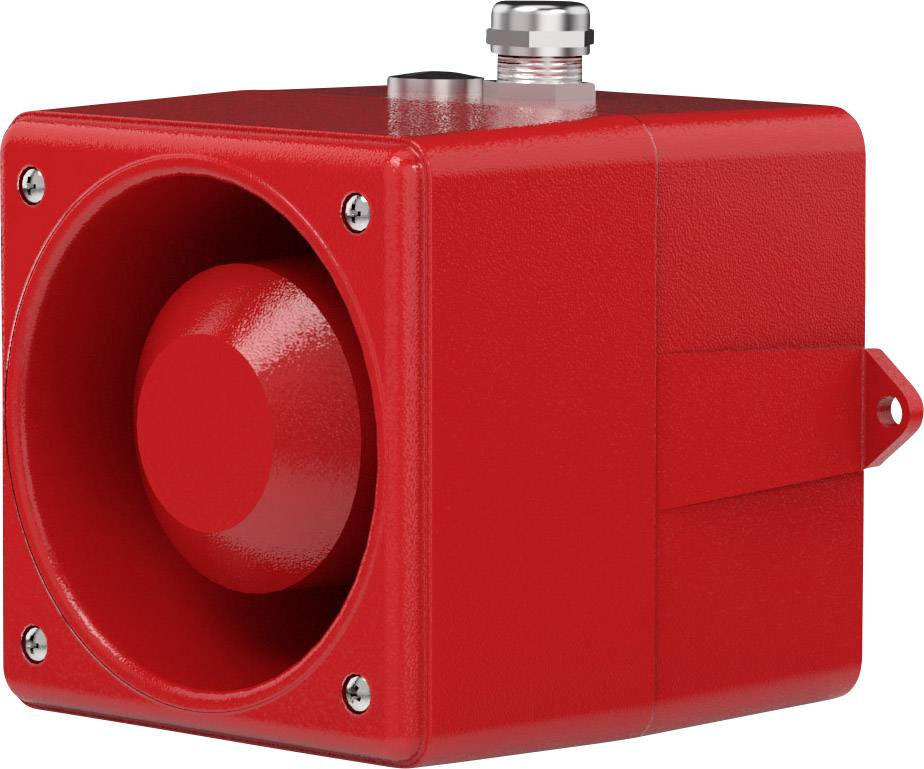 Roter Alarmhörner, quadratisch, mit metallischem Anschluss oben.