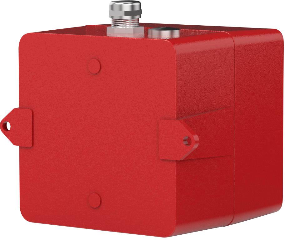 Rotes, quadratisches Metallgehäuse mit zwei Anschlussstellen oben, verwendet für elektronische Komponenten oder Verkabelung.