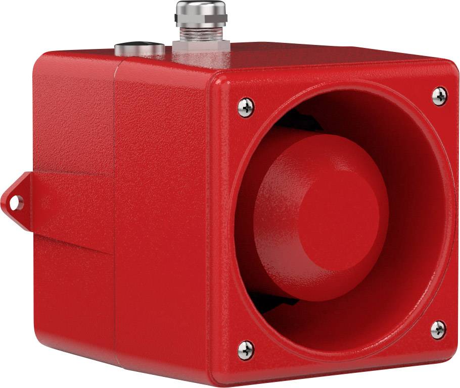 Ein roter Warnlautsprecher in einem quadratischen Gehäuse mit zwei Befestigungspunkten oben. Beim Einsatz im Notfallsystem verwendet.