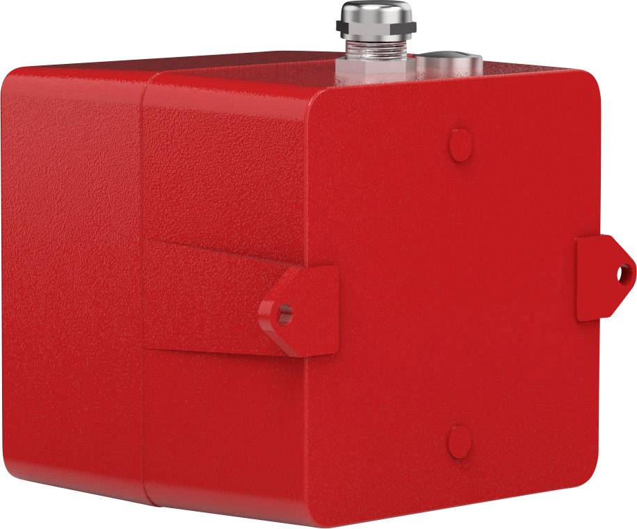 Rotes, quaderförmiges Gehäuse mit Metallverschluss oben, möglicherweise ein technisches Gerät oder Schutzhülle.