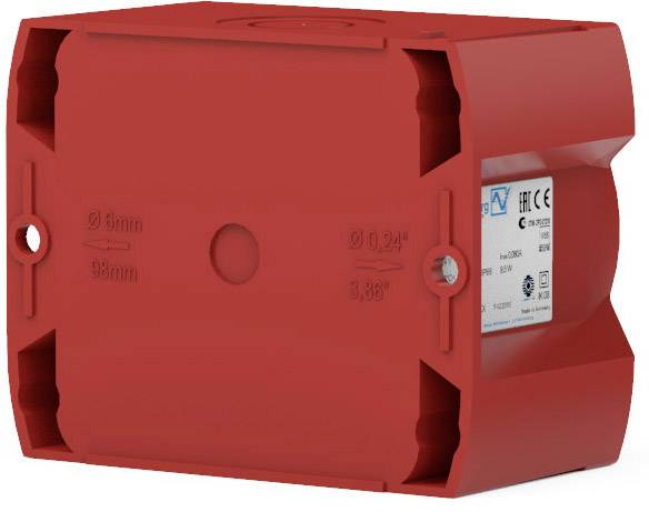 Rote Hohlwanddose mit Abmessungen und Bohrlöchern für Elektroinstallationen.