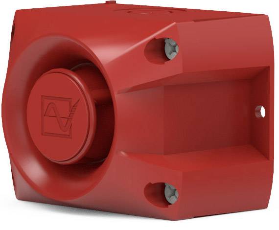 Rotes Alarmgerät mit runder Sirene und Montagemöglichkeiten, verwendet für Warnsysteme in Gebäuden.