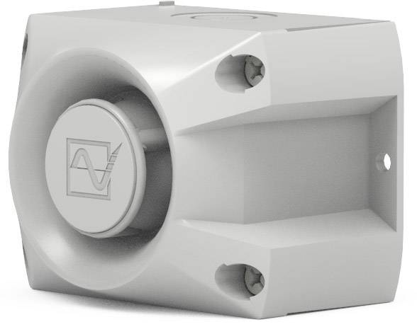 Grauer rechteckiger Gegenstand mit abgerundeten Ecken und einem Kabel- oder Rohranschluss. Eine Wellenlinie ist auf der Vorderseite eingraviert.