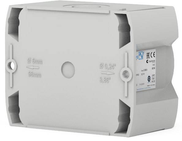 Ein rechteckiges, graues elektrisches Gehäuse mit Aufschrift '85mm'. Seiten zeigen symmetrische Vertiefungen und Montagepunkte.