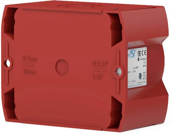 Rote Abzweigdose mit runder Form, für Kabelverbindungen, mit Befestigungspunkten und technischer Spezifikation auf der Seite.