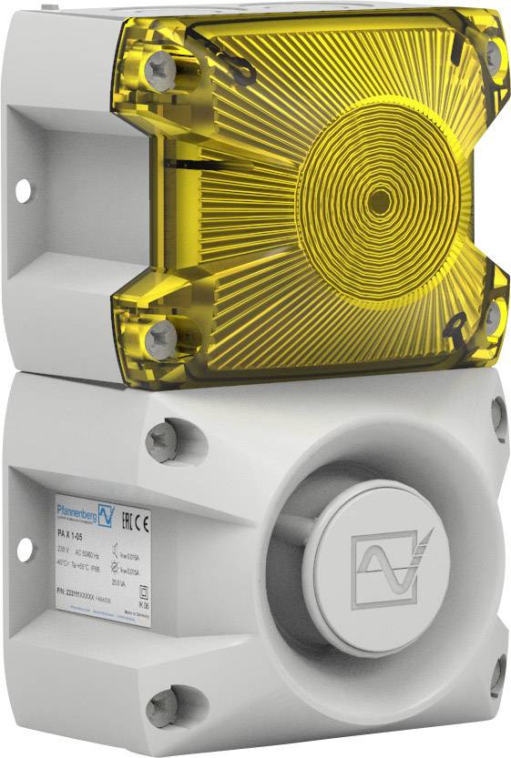 Ein gelbes Blitzlichtgerät mit Lautsprecher für Alarmsysteme. Das Etikett zeigt Modell- und Herstellerinformationen. Geeignet für Innen- und Außenbereich.