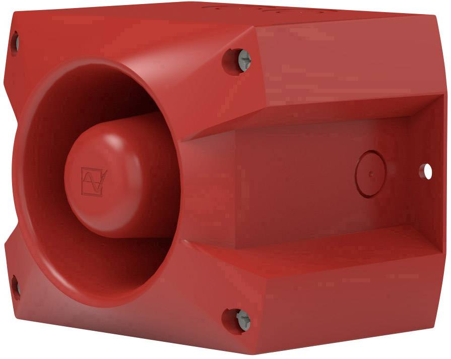 Ein roter Alarmlautsprecher in einem kantigen Gehäuse, montiert zur Wandbefestigung.