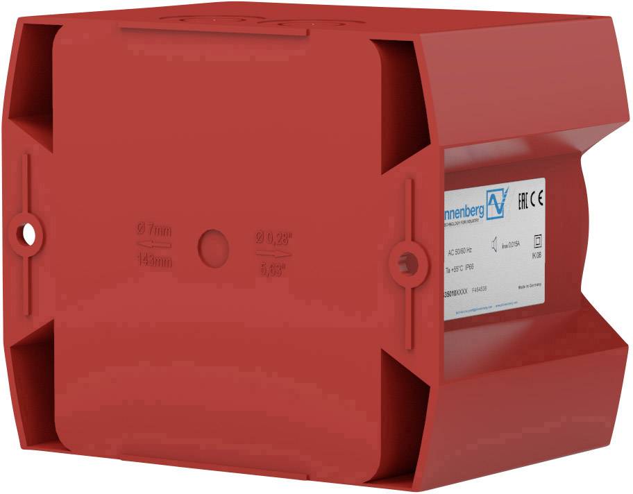 Rote Box mit elektronischem Gerät, Etikett zeigt technische Spezifikationen und CE-Kennzeichnung. Hauptsächlich für Installationszwecke gedacht.