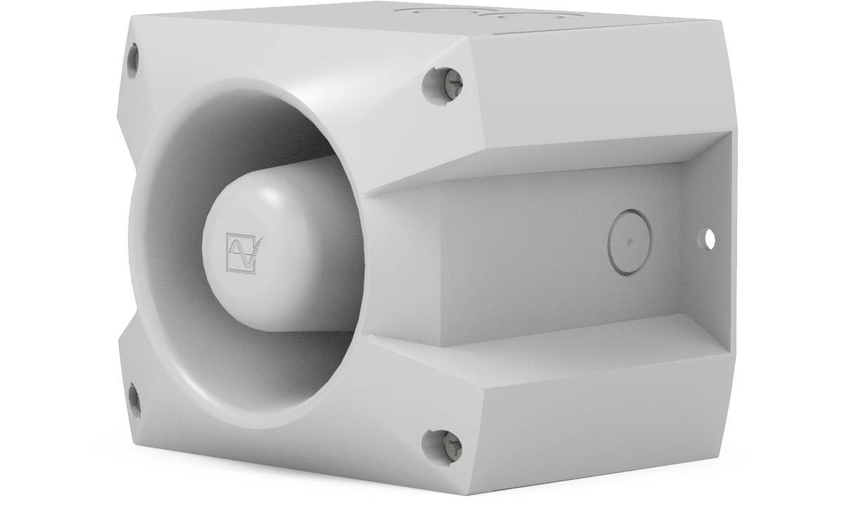 Grauer, rechteckiger Hochfrequenzlautsprecher mit runder Öffnung vorne und Schraubmontagen an den Ecken, seitlich angeordnet.