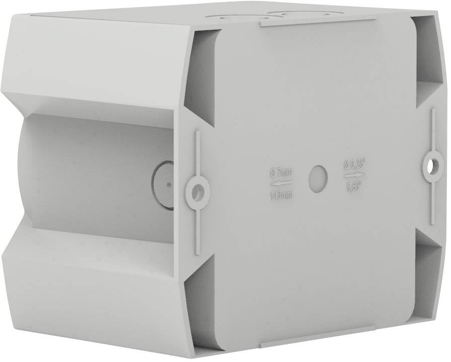 Weiße, quadratische Kunststoff-Einbaudose mit gerundeten Ecken, geeignet für die Installation in Wänden.