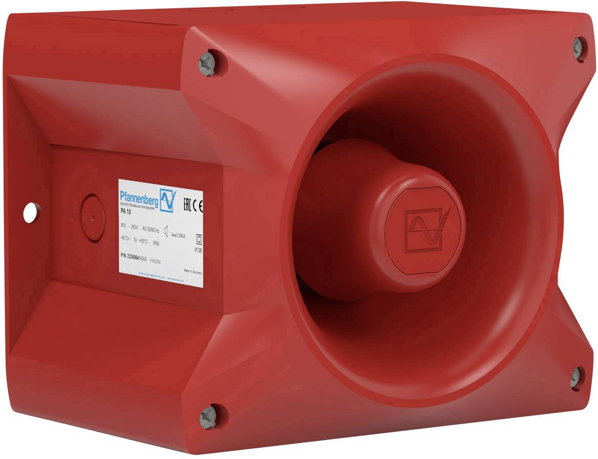 Rote Sirene mit Firmenlogo und technischen Angaben an der Seite. Sie ist zur Verwendung in Notfall- und Alarmsystemen gedacht.