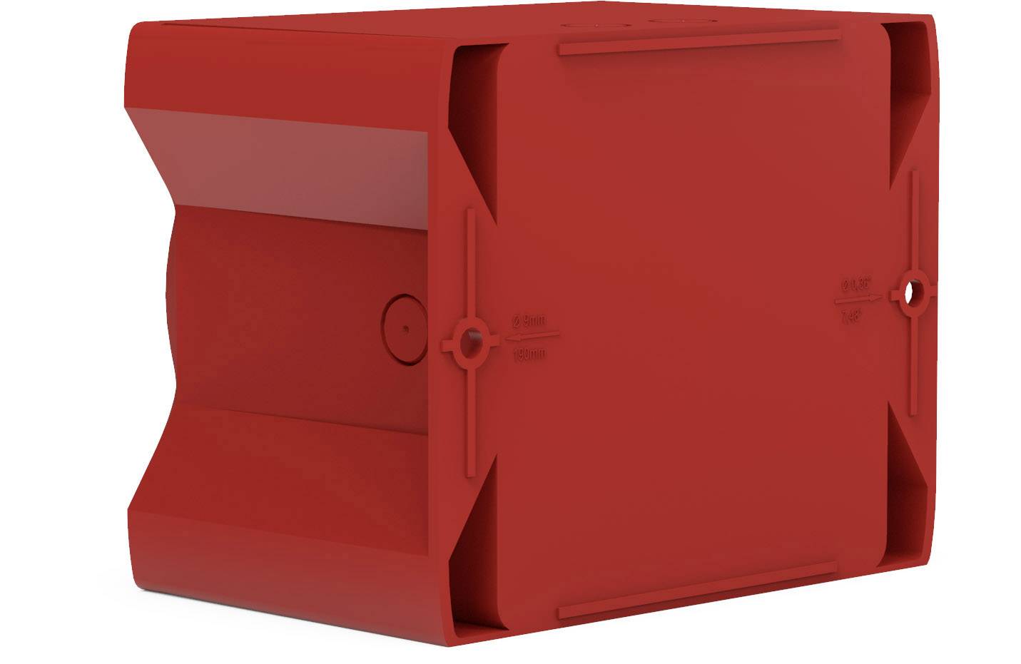 Rotes, quadratisches Kunststoff-Gehäuse mit abgerundeten Ecken. Oberfläche glatt, keine sichtbaren Beschriftungen oder Aufdrucke.