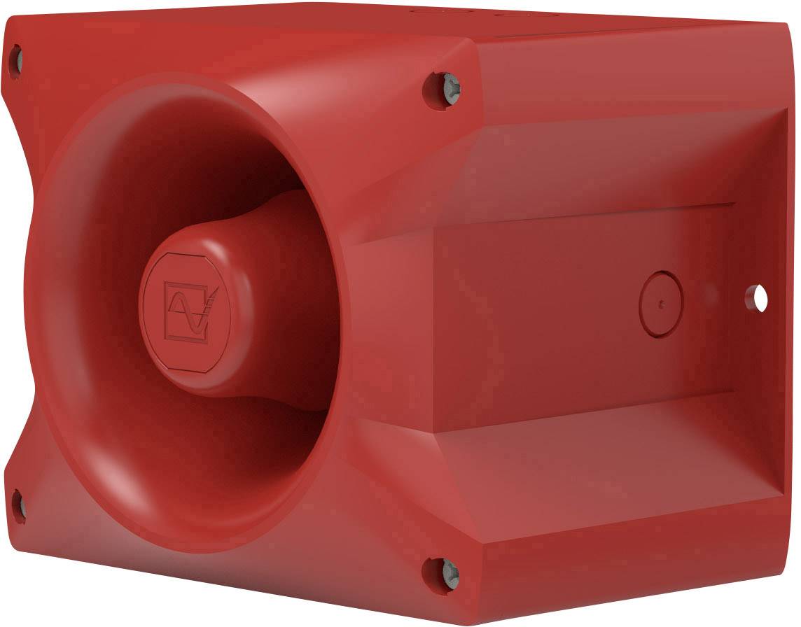 Rotes akustisches Horn mit quadratischem Gehäuse, verwendet zur Verstärkung von Ton in kommerziellen oder industriellen Umgebungen.