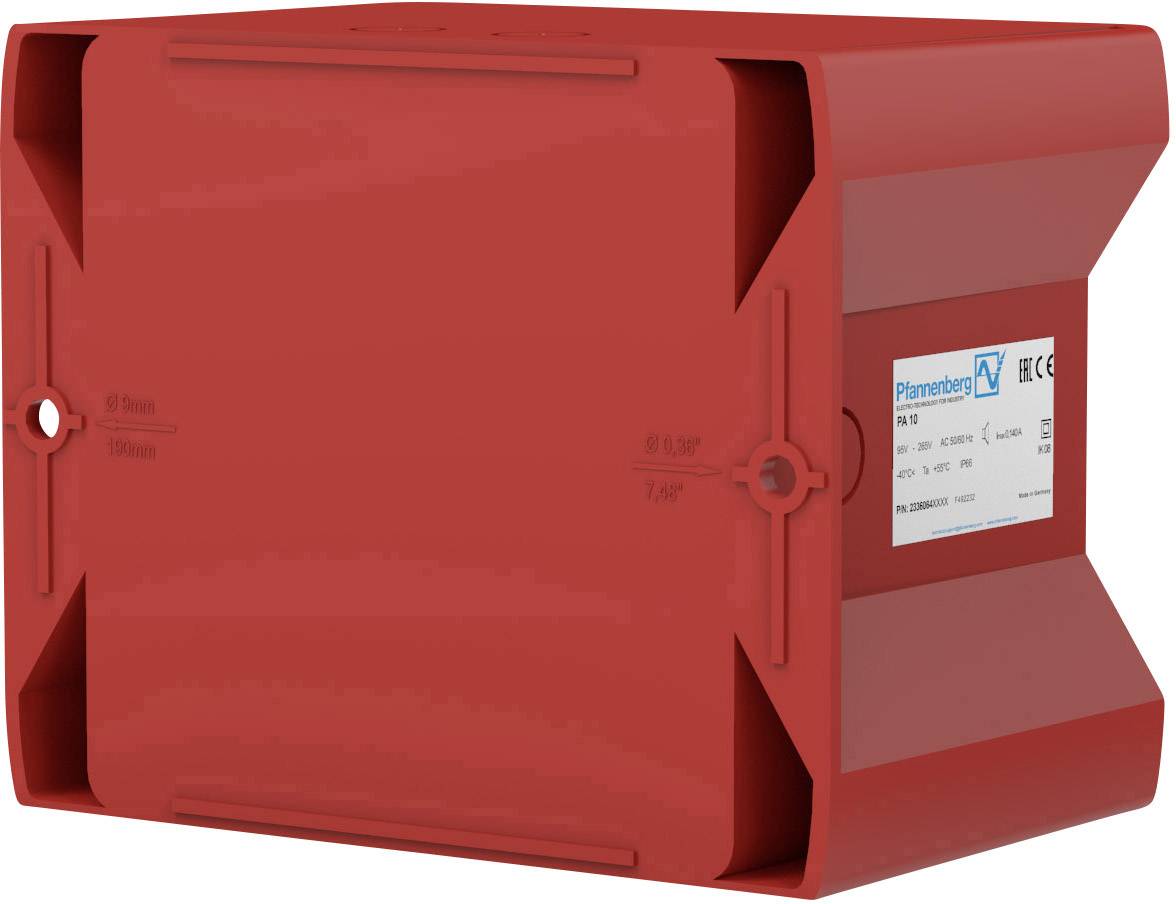 Rotes Kunststoffgehäuse in rechteckiger Form mit abgeschrägten Kanten, Aufkleber mit technischen Details an der Seite sichtbar.