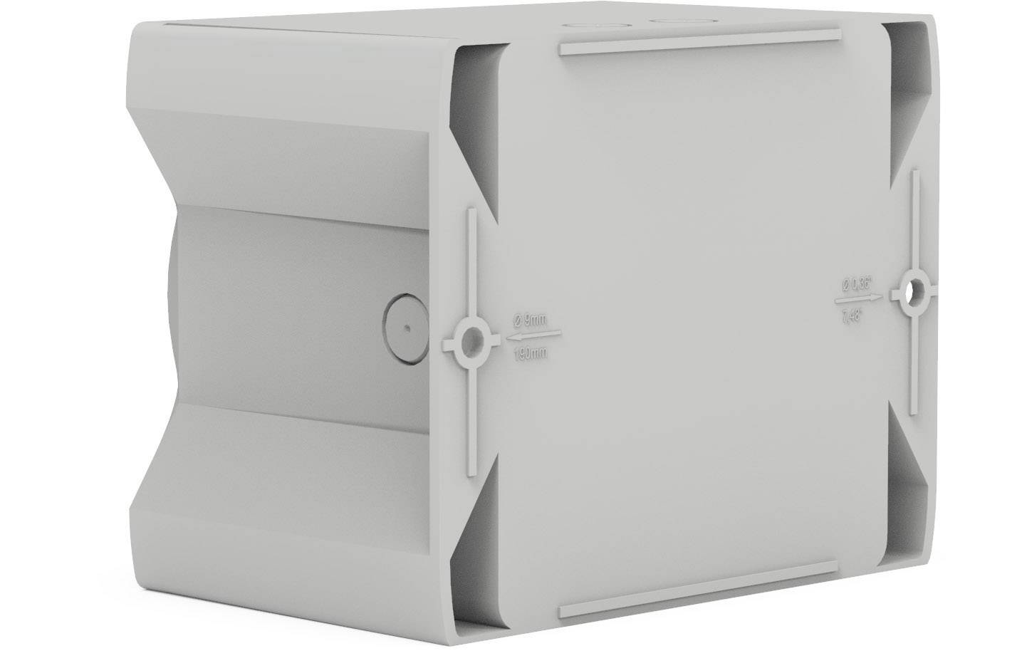 Grauer, rechteckiger Kasten mit abgerundeten Kanten und kleinen Aussparungen an den Seiten.