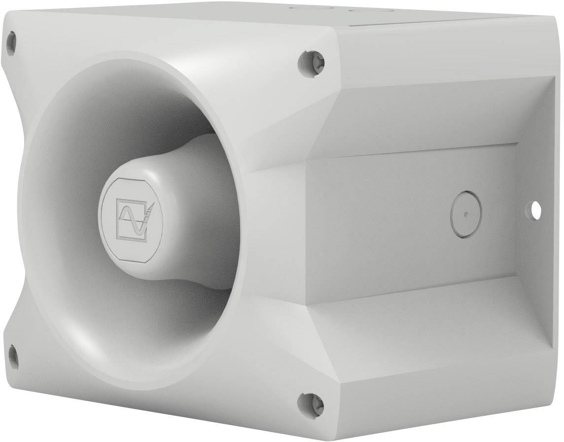 Ein rechteckiger grauer Lautsprecher mit einem großen Lautsprecherkegel vorne, geeignet für Außenbeschallungssysteme.