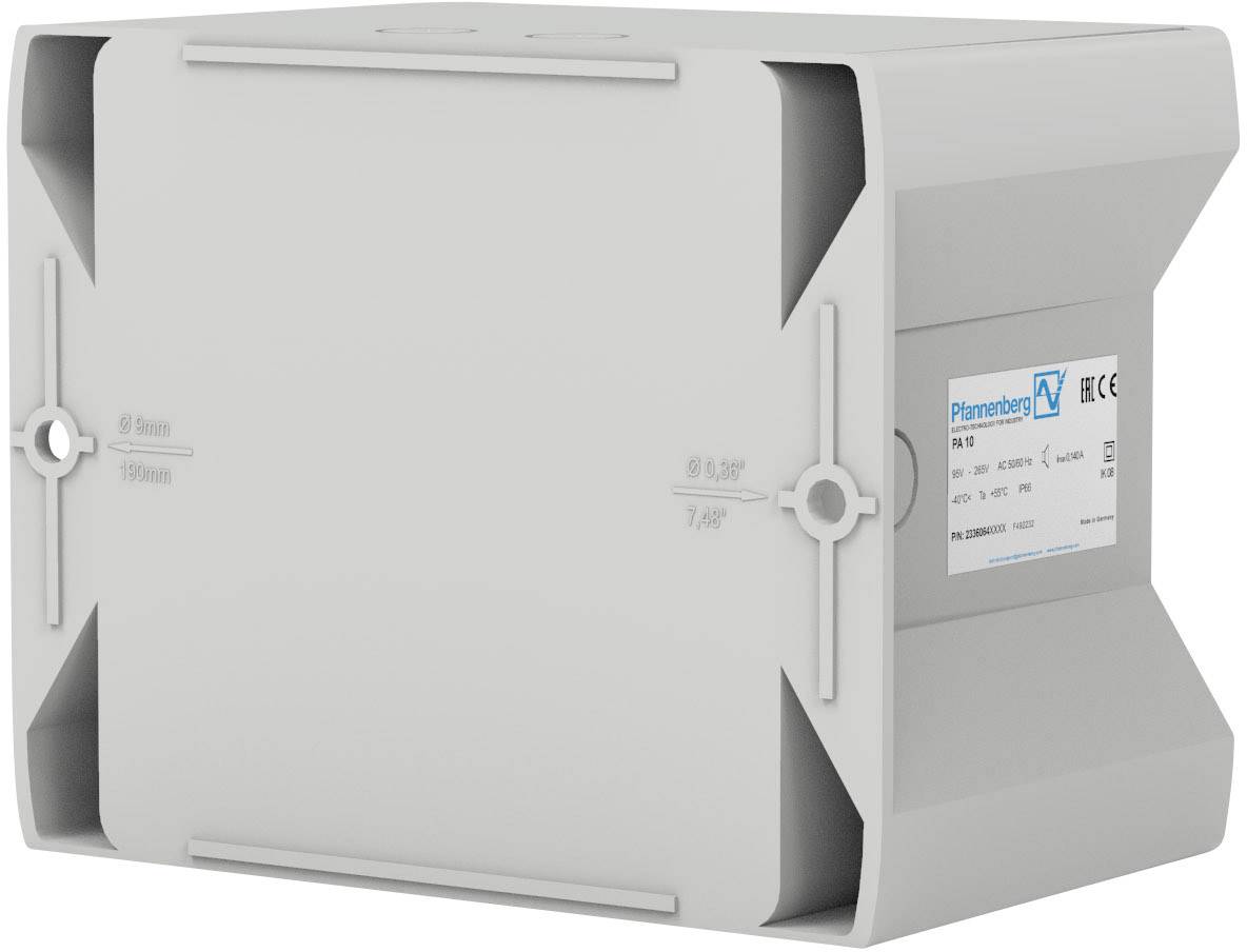 Rechteckiges graues Gehäuse mit einem Schild auf der rechten Seite, das technische Spezifikationen und das Firmenlogo zeigt.