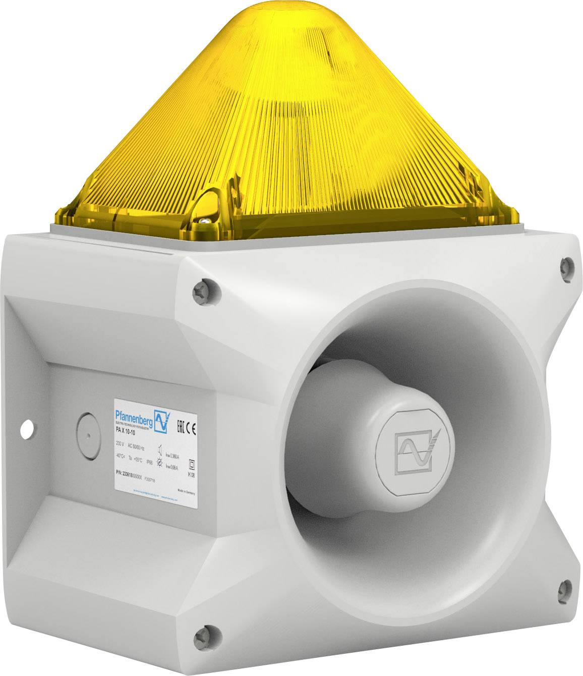Ein weißer Alarmsignalgeber mit einem gelben Leuchtaufsatz ist an einer rechteckigen Basis befestigt. Angabe des Herstellers oder Modells wird gezeigt.